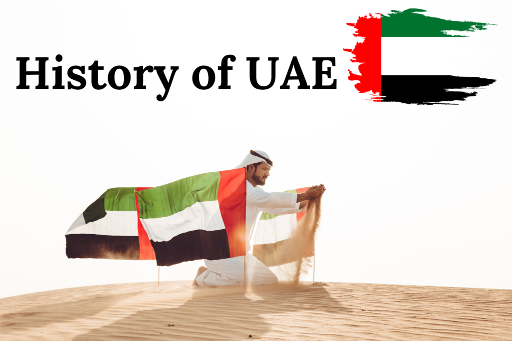 Collage of images showcasing the United Arab Emirates 1971 milestones and cultural richness of the United Arab Emirates, from its early days to the modern era.