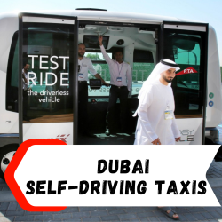 Image showcasing a self-driving taxi on the streets of Dubai, symbolizing the city's forward-thinking approach to transportation with the caption 'Navigating Tomorrow: An Overview of Self-Driving Taxis in Dubai.