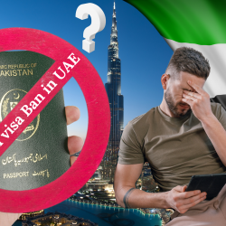 A headline graphic indicating recent news about the UAE imposing a visa ban on Pakistani nationals, highlighting diplomatic developments between the two countries.