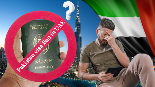 A headline graphic indicating recent news about the UAE imposing a visa ban on Pakistani nationals, highlighting diplomatic developments between the two countries.