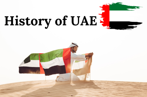 Collage of images showcasing the historical milestones and cultural richness of the United Arab Emirates, from its early days to the modern era.